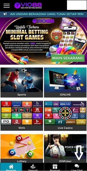menu utama aplikasi Vio88